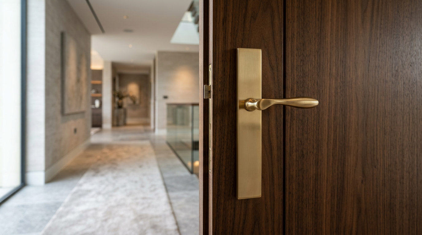 Brass mortise lever handle fitted on a walnut door